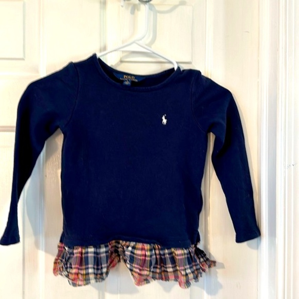 Girl’s Polo Ralph Lauren Blue Long Sleeve Sweatshirt with Plaid Ruffle Bottom - Picture 1 of 6